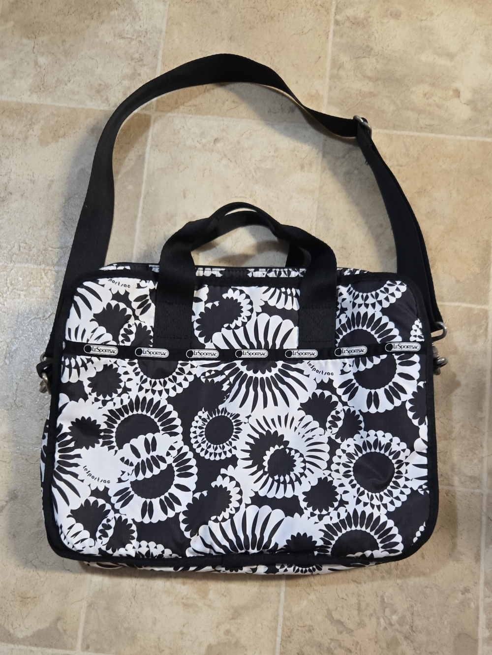 Lesportsac Black & White Floral Laptop Messenger